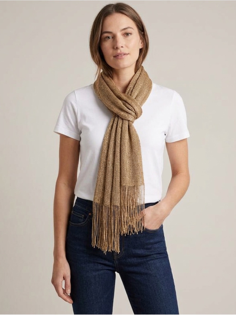 Shimmery Gold Metallic Mesh Knit Evening Scarf with Fringe – 80” x 17”